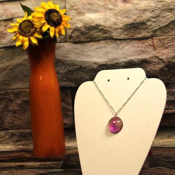 Handmade Epoxy Cicle Pendant w/ Transparnt Colors Pink and Green and Sparkles - Picture 4 of 7
